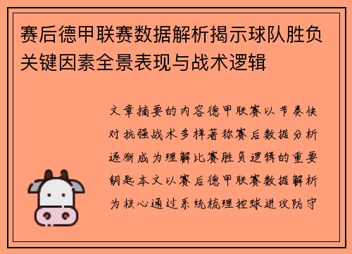 赛后德甲联赛数据解析揭示球队胜负关键因素全景表现与战术逻辑